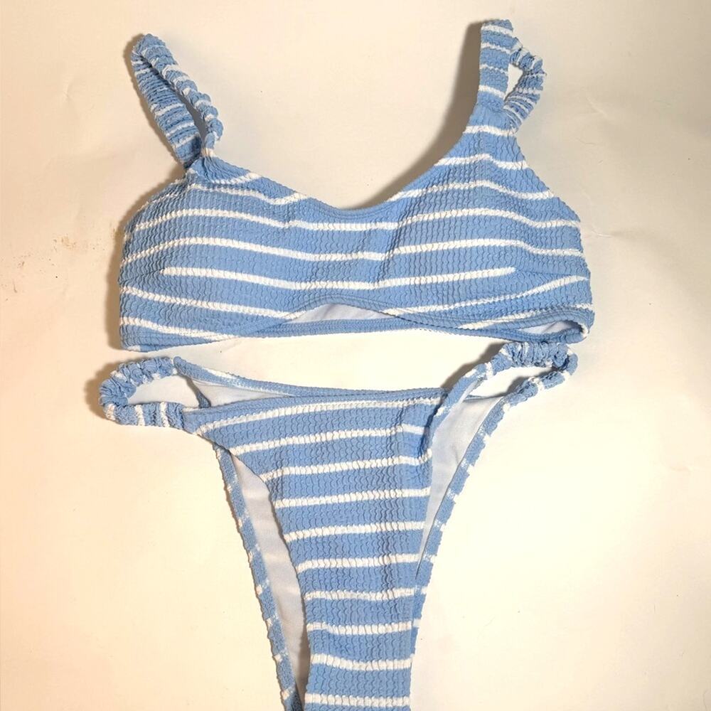 Blue and White Striped Bikini Set
